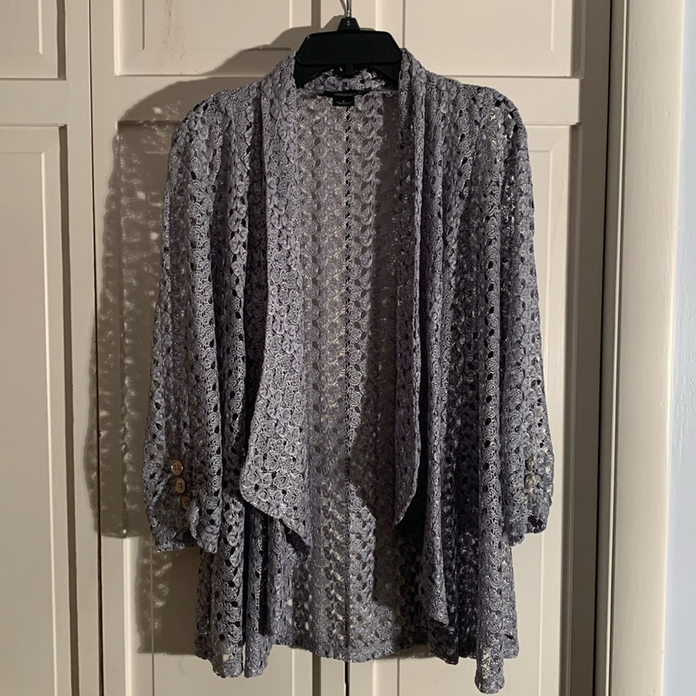 Peck & Peck Collection Lace/Crochet Open Front Cascading Cardigan Sweater EUC
